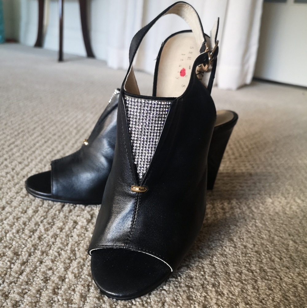 Black Leather Peep-Toe Heels